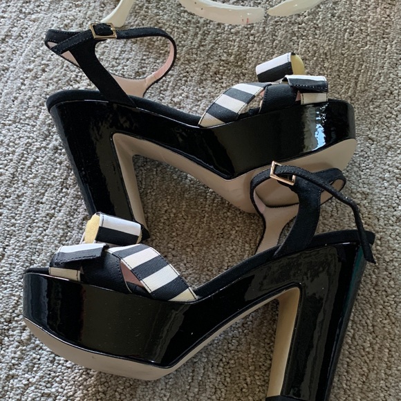 NEW Kate Spade Black and White Platform Striped Women\'s Patent Heels